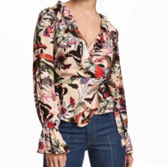 H&M Frilled Wrapover Blouse Ruffled Long Sleeves & Hem Top Woman's Size 6 - Picture 2 of 13